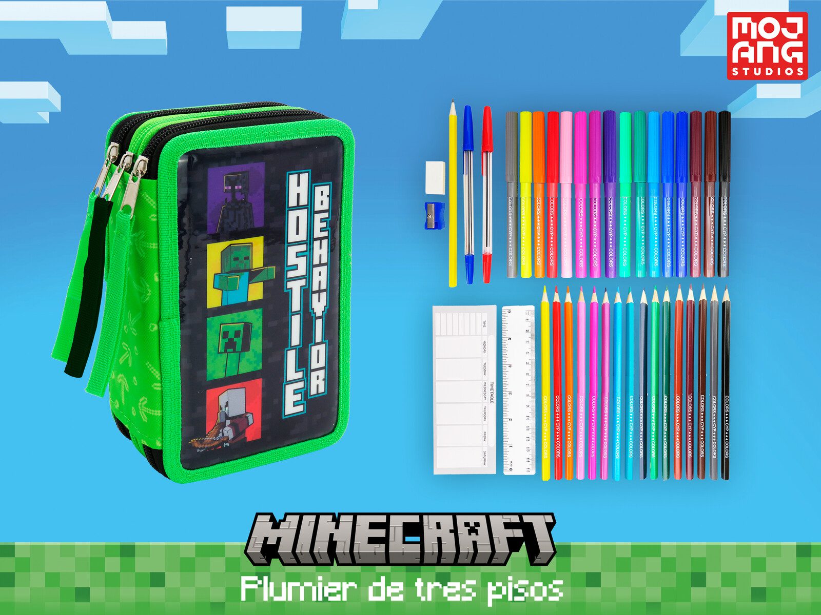 Plumier Minecraft 3 cremalleras con material escolar - Imagen 6